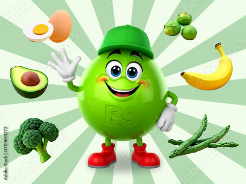 Vitamin B9 concept in the form of a friendly 3D character. 3D image of products containing folic acid for your web site design, logo, app, UI. EPS10.