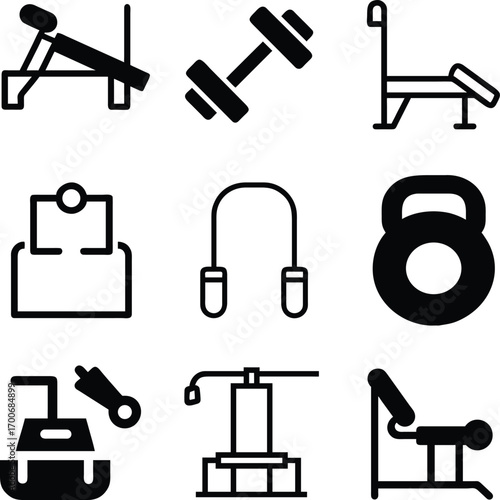 Collection of black and white icons representing gym equipment and fitness accessories