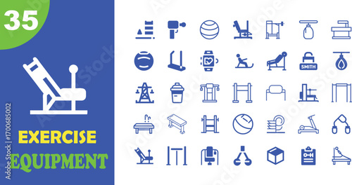 Collection of blue exercise equipment icons on white background with blue and green graphic elements