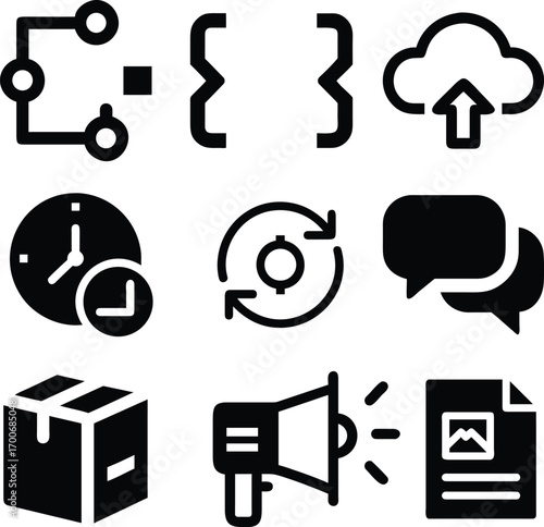 Set of nine black icons representing business and technology concepts on white background