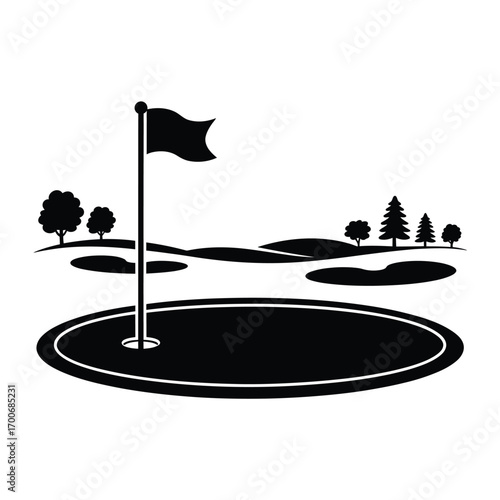 Black and white silhouette of a golf course hole with flag