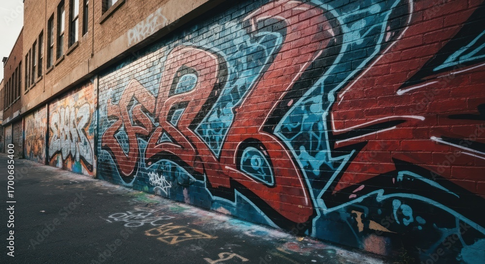 Obraz premium Graffiti-covered brick alleyway, urban scene