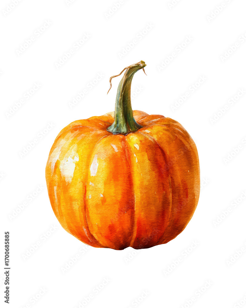 Obraz premium Watercolor halloween ripe pumpkin with stem isolated on transparent background
