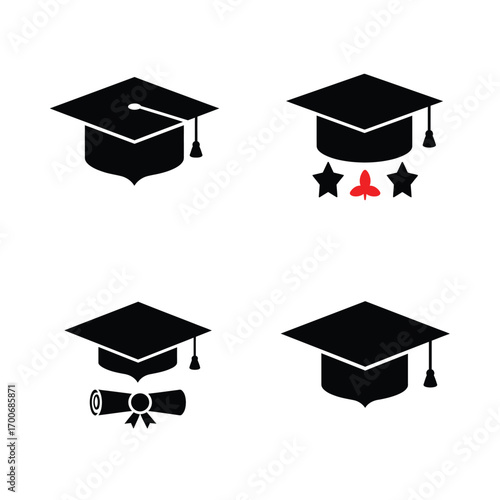 Collection of four black graduation caps and academic symbols representing achievement and education icons on white background