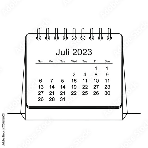 Desk calendar showing july 2023 with spiral binding