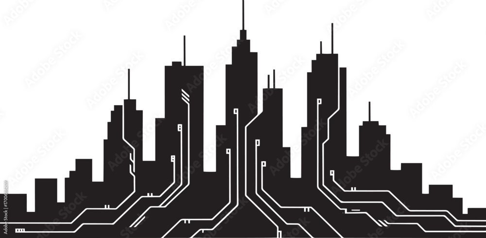 Fototapeta premium Futuristic Cityscape Silhouette with Circuit Board Details for Technology and Innovation