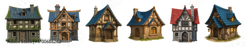 Medieval fantasy house set including various architectural styles, roof colors, and details isolated. Game assets and storytelling elements.