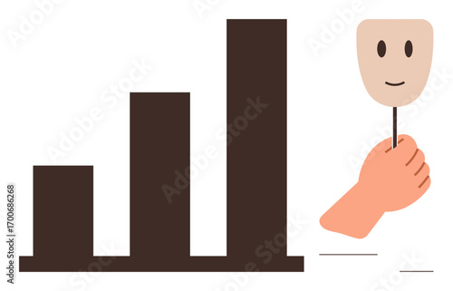 Rising bar chart with hand holding a smiling mask, symbolizing hidden emotions, personal growth, performance, duality, or perception. Ideal for psychology, growth analysis or mindfulness. Simple