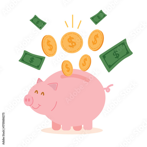 Pink piggy bank with flying coins and banknotes flat illustration isolated on white background