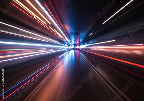 High-speed motion blur of colorful city lights creating a dynamic and futuristic visual abstract background