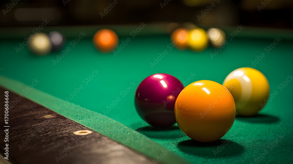 Billiard balls resting on green table during game Billiard balls resting on green table during game