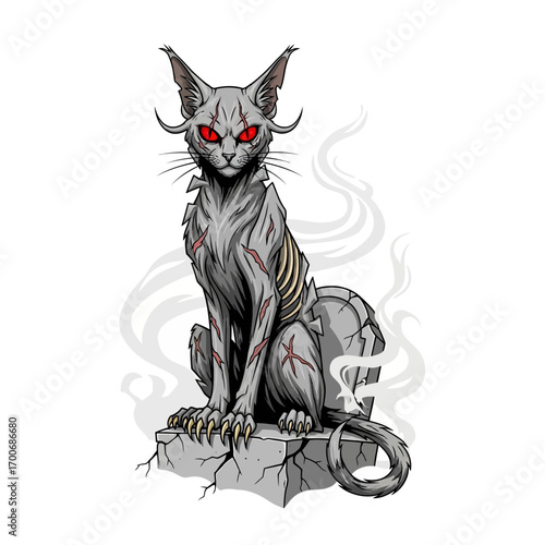 Creepy and mysterious sphinx cat with glowing red eyes and smoke effects illustration