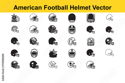 Collection of diverse American football helmet vector icons in black and white, showcasing various styles and designs.