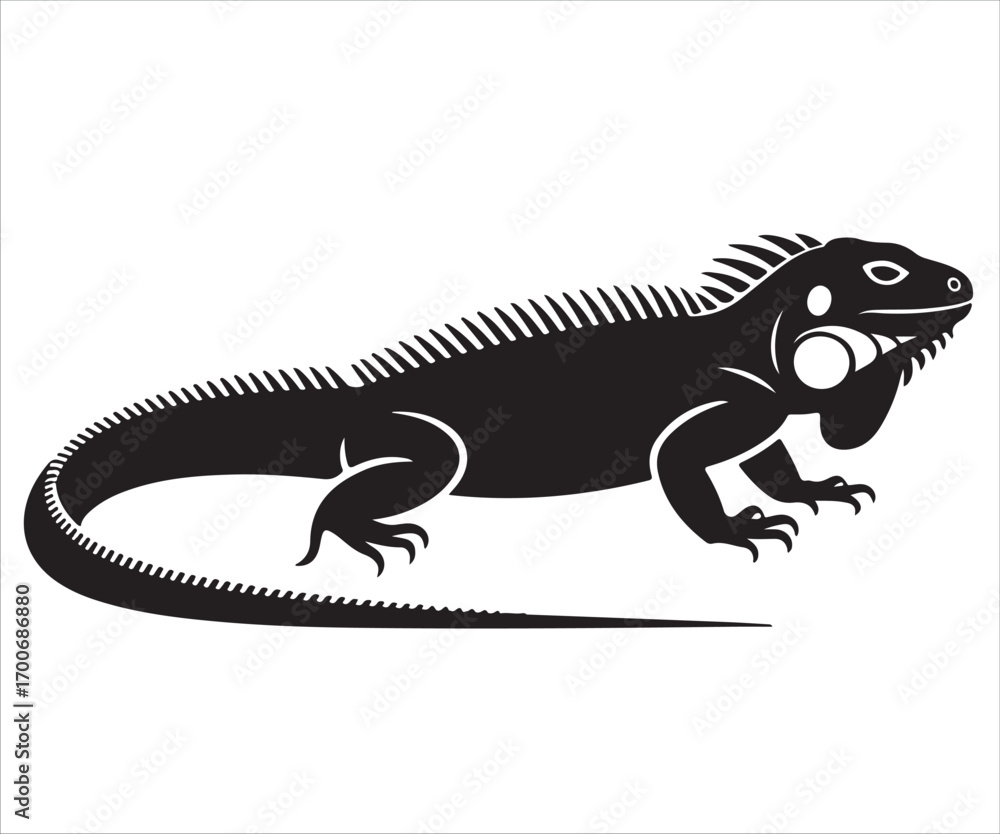 Fototapeta premium Silhouette of iguana lizard vector illustration, black reptile outline design symbolizing wildlife, exotic animal, tropical habitat, nature, dragon-like creature, cold-blooded species, zoology graphic