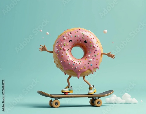 Joyful pink frosted donut with sprinkles rides a skateboard, looking happy and energetic.