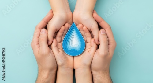 Adult and child hands gently hold a layered blue water droplet symbolizing conservation and care
