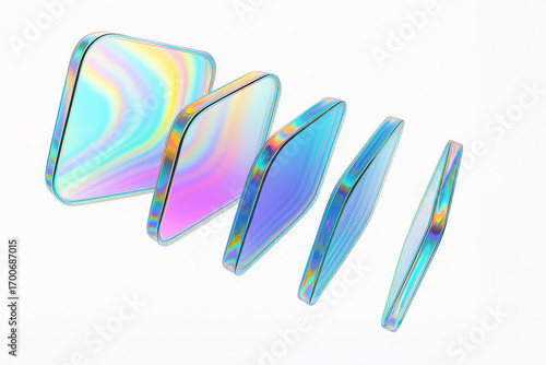 Glossy iridescent glass tiles resembling app icons float on white background, holographic gradients for modern UI or branding design.