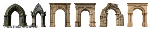 Architectural arch set including gothic, ornate, classical, ancient, and ruined stone designs isolated. Building and design elements.