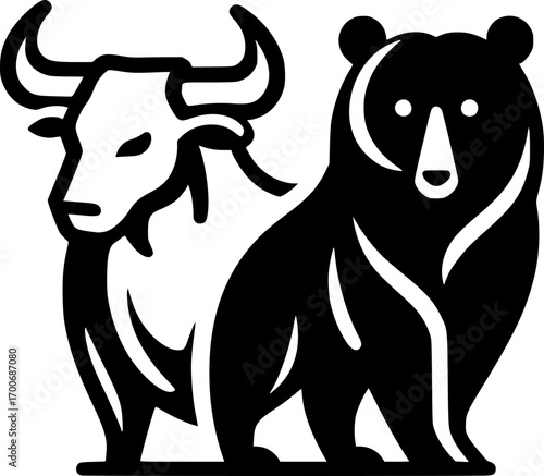 Black and white vector of bull and bear symbols in minimalist line art style, representing stock market trends, finance, trading, and investment themes