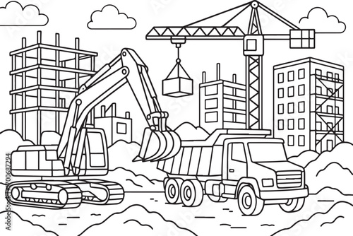 hand drawn vector doodle illustration of detailed construction site coloring page for kids line art