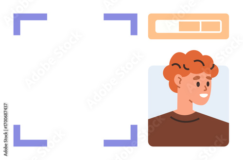 Facial recognition scanning face of a person with progress bar and profile photo. Ideal for technology, authentication, identification, security, AI, biometrics, innovation. Simple flat metaphor