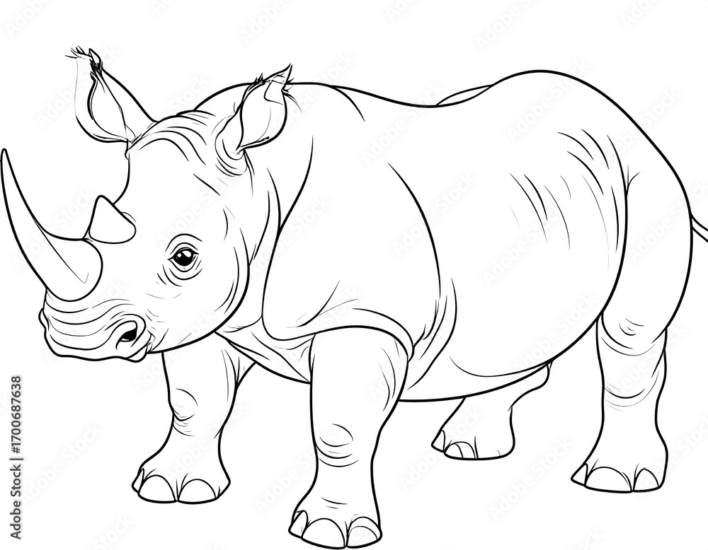 Fototapeta premium Monochrome depiction of a rhinoceros outlined in black ink illustration