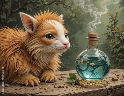 Curious ginger kitten examines a mystical blue potion in a glass bottle set against a whimsical forest background