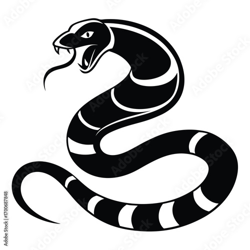 Striking Black and White Snake Illustration Featuring a Cobra in a Coiled Position with an Open Mouth and Visible Fangs