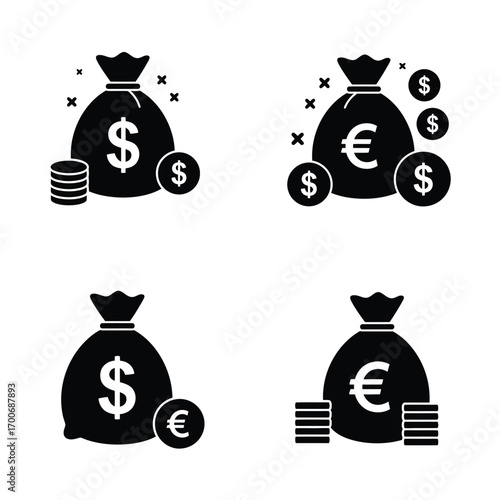 Four black silhouette icons of money bags with dollar and euro symbols and piles of coins representing financial wealth and currency exchange