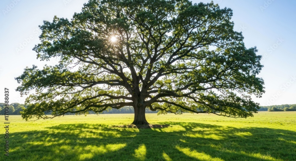 Fototapeta premium Majestic oak tree in a sunlit meadow