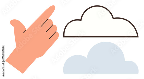 Hand making a snapping gesture near outlined and filled clouds. Ideal for decision-making, selection, cloud computing, creativity, options, guidance, progress. Flat and simple metaphor