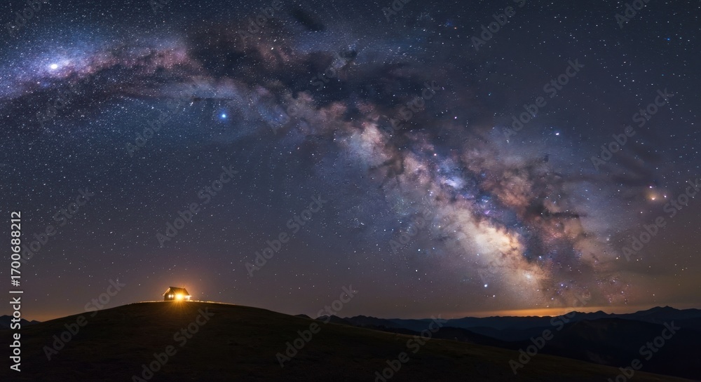 Fototapeta premium Milky Way arches over a solitary hilltop cabin