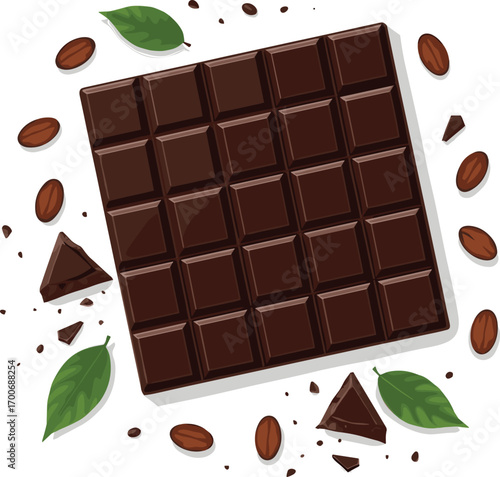 Dark Chocolate Bar with Broken Pieces and Cocoa Beans Vector Illustration