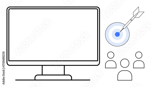 Blank computer monitor next to a dart hitting a target bullseye and four user icons. Ideal for digital marketing, audience targeting, strategy, analytics, technology, teamwork, success. Simple flat