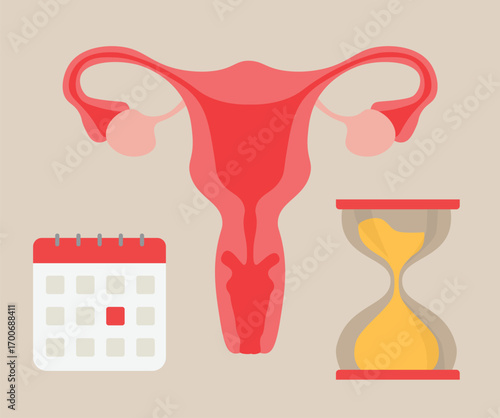 Tracking menstrual cycle and female reproductive system. Hourglass. Interval time. Ovulation check. Bleeding Menstrual Period.