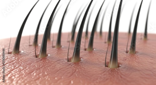 A closeup, microscopic view of dark hair follicles growing from human skin