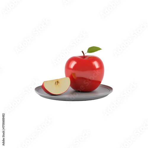 Red apple lies on a gray plate next to one piece, transparent background