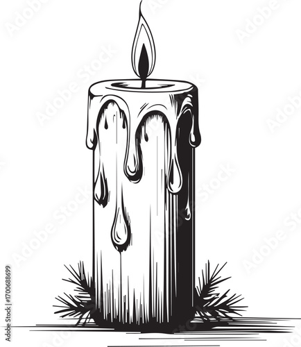 Glowing Candle: A captivating illustration of a single, elegantly designed candle with a radiant flame atop. Its wax cascades downwards, enhanced by a couple of fir needles for added visual appeal.