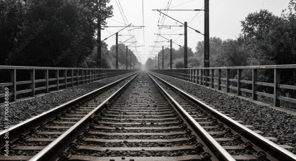 Fototapeta premium Monochromatic railway tracks stretching into a distant horizon, lined with overhead power lines and trees