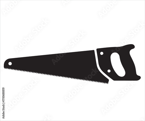 Silhouette of hand saw vector illustration, black outline carpenter tool icon symbolizing construction, woodworking, DIY, cutting equipment, repair, hardware, blade, handle design, industrial workshop