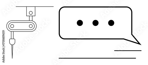 Robotic arm performing a task beside a speech bubble with ellipses, symbolizing automation, industrial design, technology, communication, innovation, process, and digital interaction. Ideal for AI