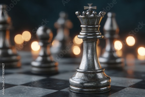 Close up of a silver metal queen chess piece on a chessboard with blurred bokeh lights in the background