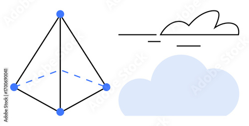 Geometric pyramid structure with connected nodes and dashed lines alongside minimalist cloud designs. Ideal for geometry, science, technology, education, connection, innovation, growth metaphors