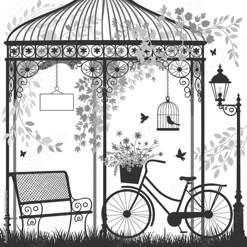 Vintage garden gazebo scene with bicycle, bench, birdcage, flowers, street lamp, butterflies, floral vines, classic outdoor romantic nature illustration