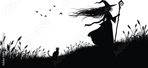 Silhouette of a witch with flowing hair and pointed hat holding a staff, accompanied by a cat, birds, grass landscape