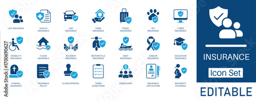 Insurance and Protection solid icon set. Includes symbols for Life, Health, Car, and Home Insurance. Solid vector icons for insurance policy, risk management, and claim services.