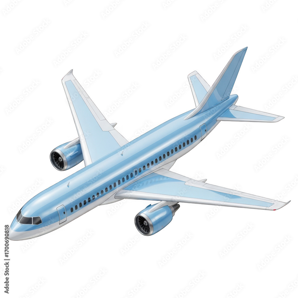 Fototapeta premium Modern passenger jetliner aircraft flying through the sky with blue and white livery transparent background