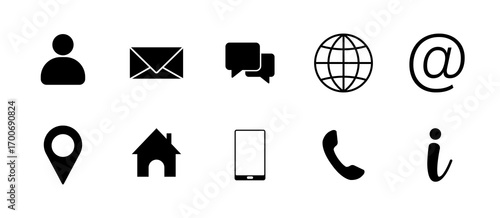 Collection of ten essential contact information icons for modern communication and navigation purposes isolated on transparent background