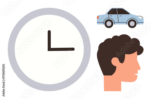 Clock, car, and profile head symbolizing time management, transportation decisions, and punctuality. Ideal for themes thumbs up planning, lifestyle, routine, mobility responsibility priorities