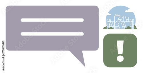 Speech bubble with parallel lines for dialogue, modern mall building icon, and green exclamation mark. Ideal for communication, urbanization, alert system, business, interaction, notification simple